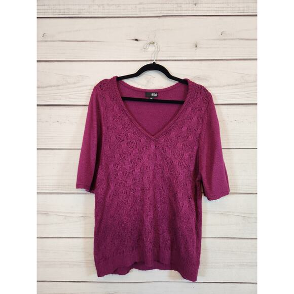 A.n.a Womens Purple Crochet Knit V-Neck Short Sleeve Pullover Sweater Size Large - Picture 1 of 6
